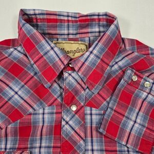 Wrangler Western Shirt Mens Large Red Blue Plaid Pearl Snap Long Sleeve Shirt